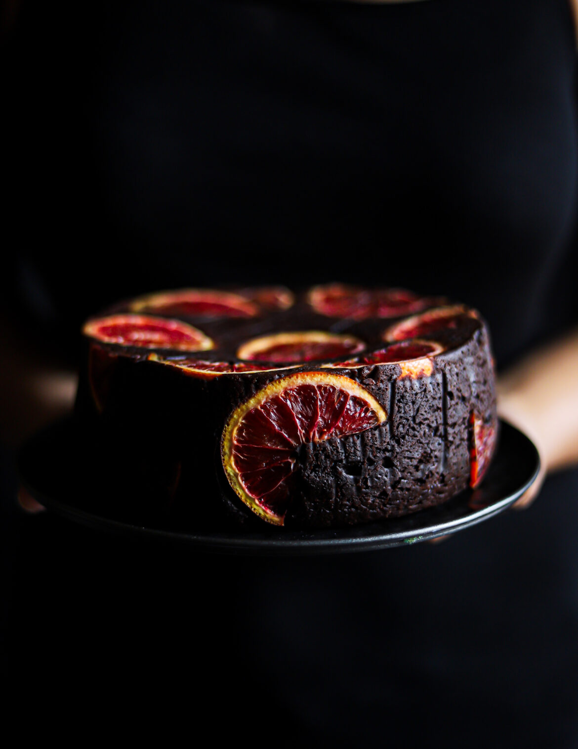 Upside down blood orange chocolate mud cake