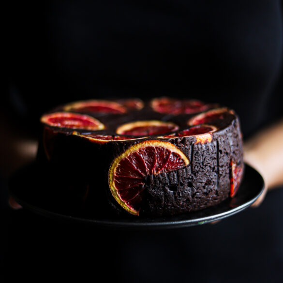 Upside down blood orange chocolate mud cake