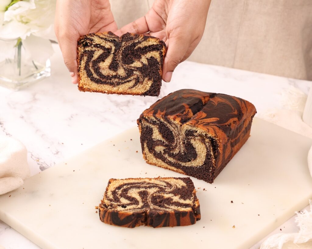 Eggless Wholewheat Marble Loaf Cake